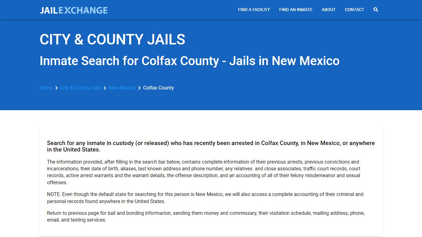 Locate an inmate in Colfax County, New Mexico - Jail Exchange